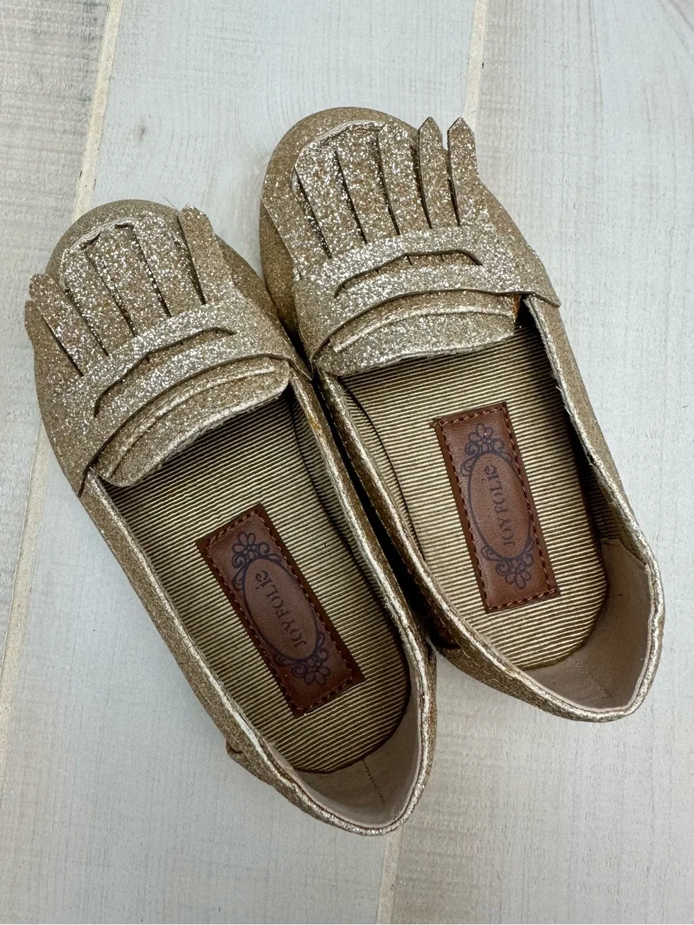 Joyfolie Gold Glitter Fringe Loafers - toddler